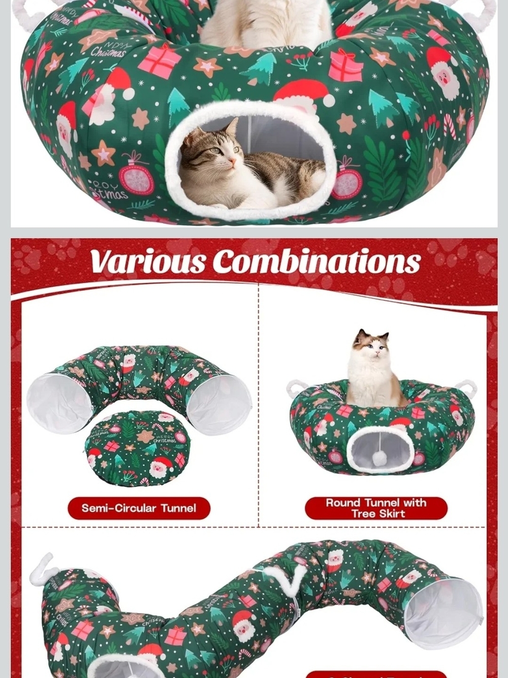 Holiday Cat Tunnel & Bed - Green Christmas Print
